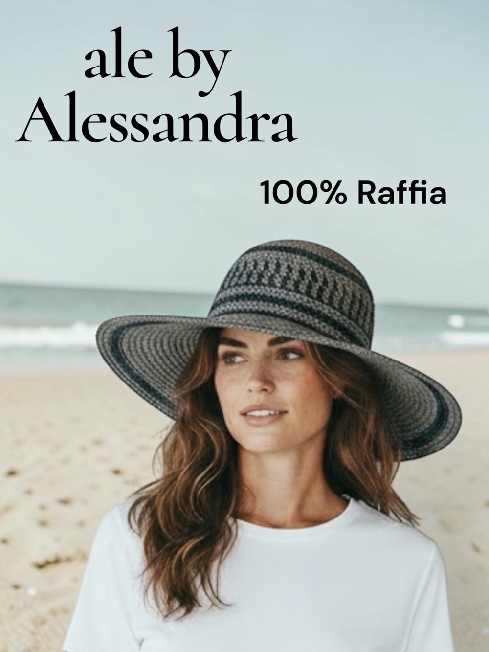 Ale by Alessandra Makuna Raffia Wide Brim Sun Hat Navy Blue Cream Adjustable